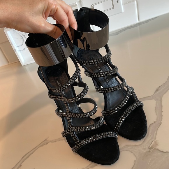 Gianmarco Lorenzi 6.5 US Size Black Suede High Heels with Swarovski crystals